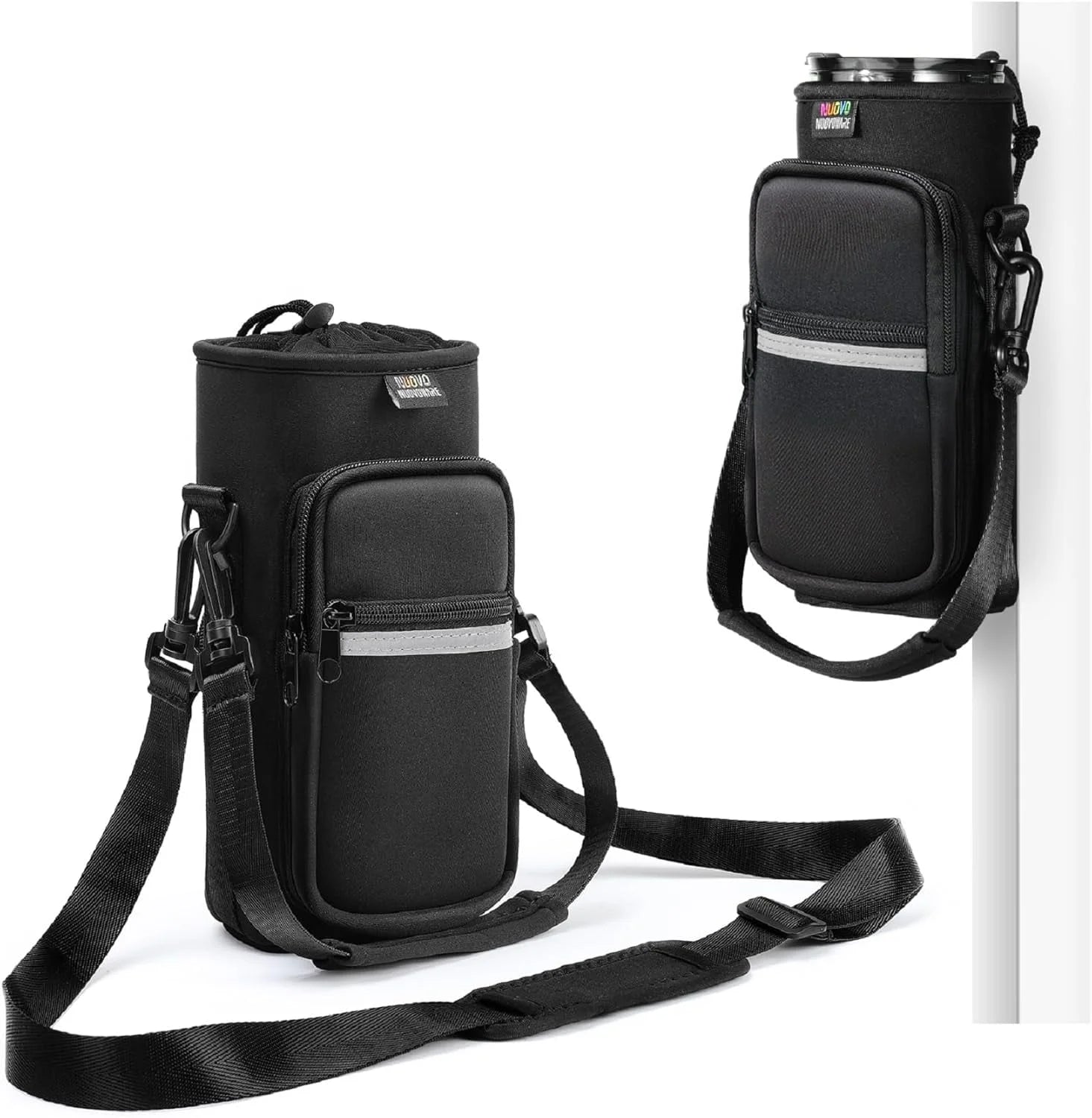 Magnetic Water Bottle Carrier Bag, 25Oz/32Oz Bottle Pouch Holder, Adjustable Shoulder Strap 2 Pocket Sling Neoprene Sleeve Sports Water Bottle Accessories for Gym Hiking Travelling Camping