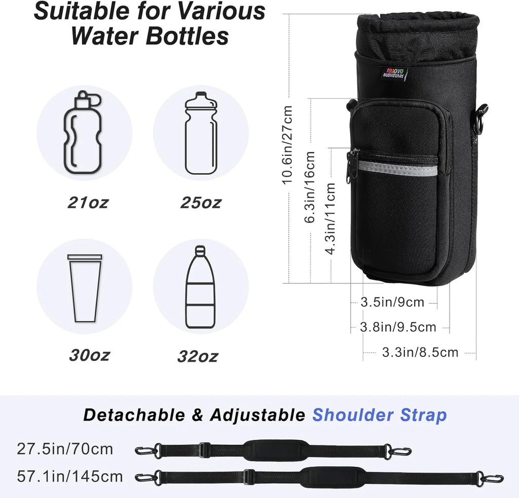 Magnetic Water Bottle Carrier Bag, 25Oz/32Oz Bottle Pouch Holder, Adjustable Shoulder Strap 2 Pocket Sling Neoprene Sleeve Sports Water Bottle Accessories for Gym Hiking Travelling Camping