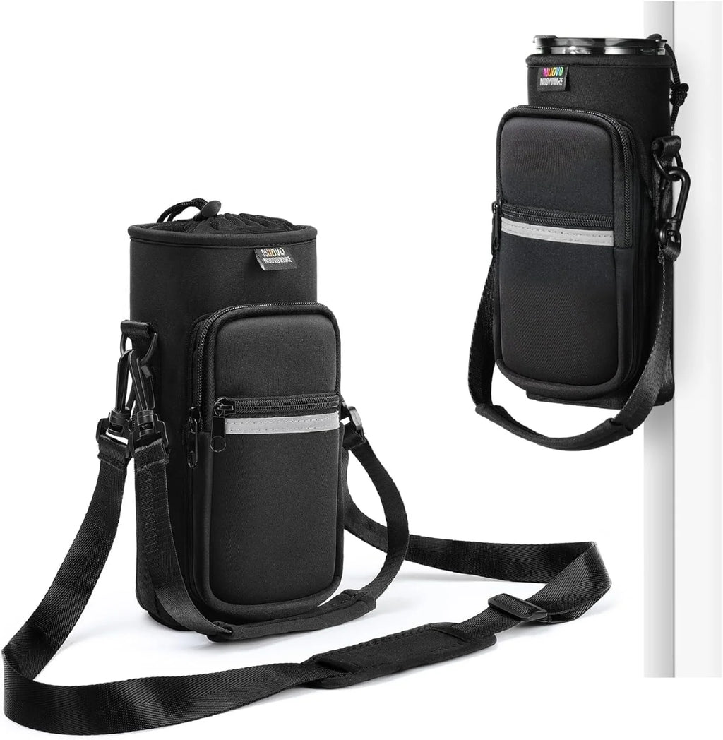 Magnetic Water Bottle Carrier Bag, 25Oz/32Oz Bottle Pouch Holder, Adjustable Shoulder Strap 2 Pocket Sling Neoprene Sleeve Sports Water Bottle Accessories for Gym Hiking Travelling Camping