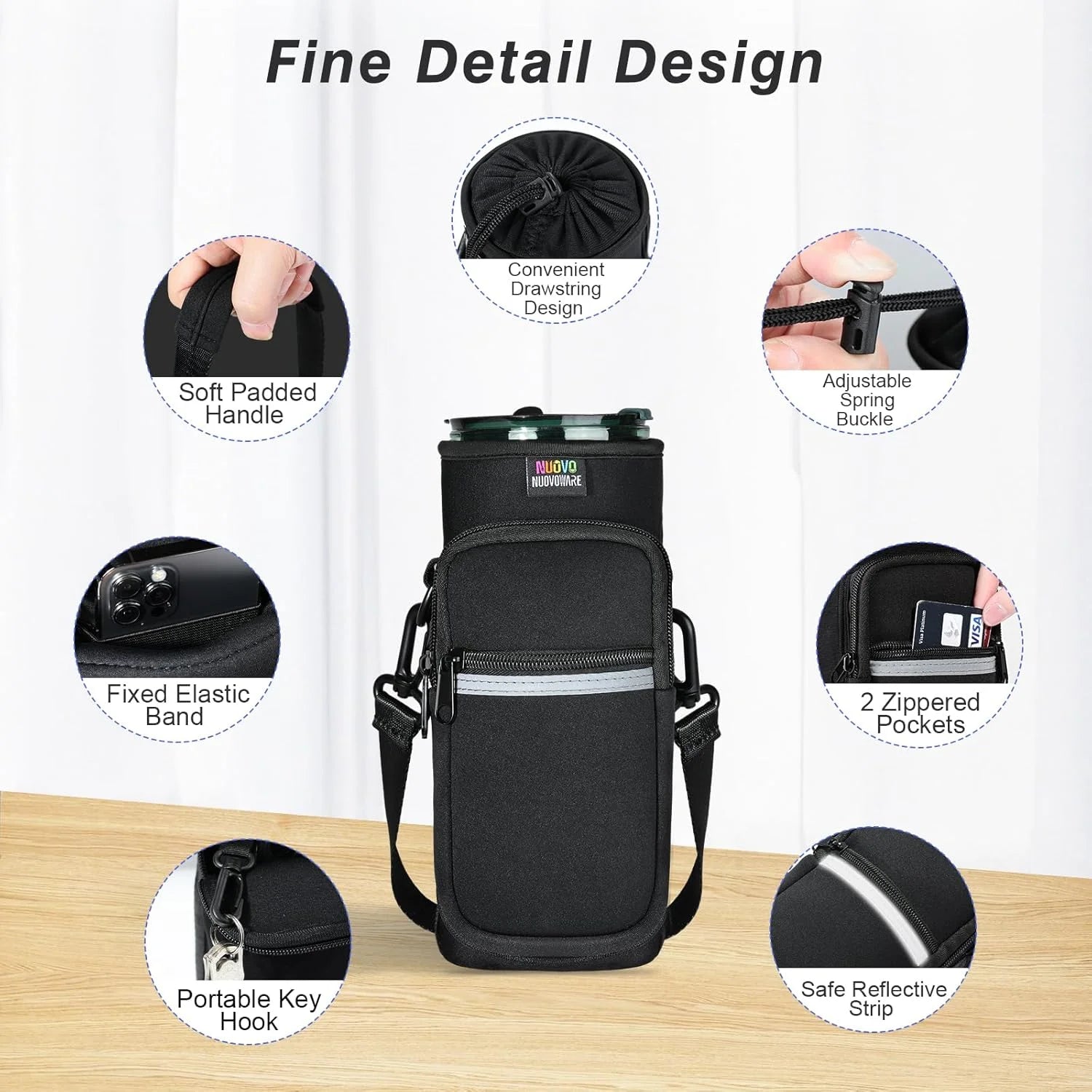 Magnetic Water Bottle Carrier Bag, 25Oz/32Oz Bottle Pouch Holder, Adjustable Shoulder Strap 2 Pocket Sling Neoprene Sleeve Sports Water Bottle Accessories for Gym Hiking Travelling Camping